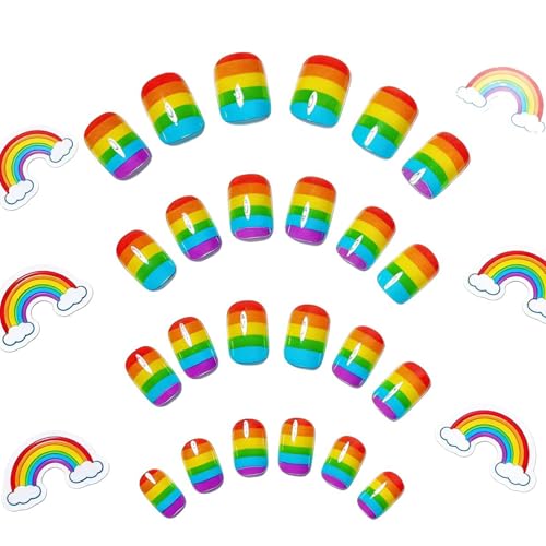 Rainbow Press on Nails Short Square Colorful Stripes Glossy Fake Nails 24Pcs