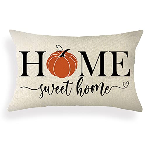 Home Sweet Home Pumpkin Lumbar Throw Pillow Cover, 12x20 Farmhouse Decor