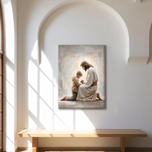 Christian Wall Art Canvas Prints Jesus and Boy Praying 16x24 Inches - Variation of Jesus and Boy / 24L x 16W