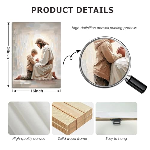 Christian Wall Art Canvas Prints Jesus and Boy Praying 16x24 Inches - Variation of Jesus and Boy / 24L x 16W