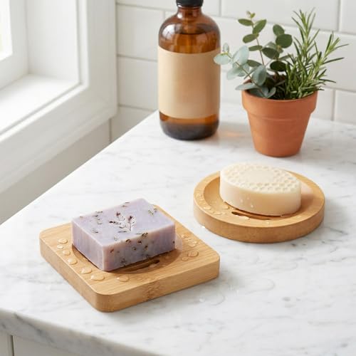 Bamboo Soap Dish Holders Set - Natural Wooden Shower & Bathroom Accessories