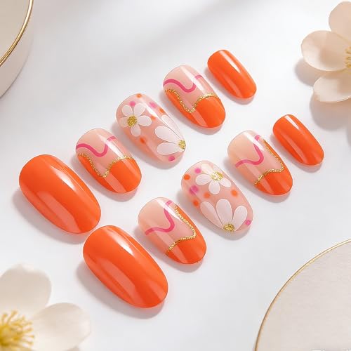 Short Oval Press on Nails Orange Floral Gold Glitter False Nails