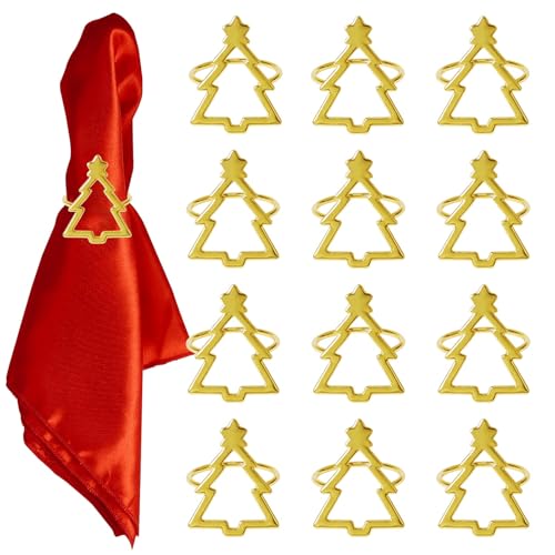 Christmas Tree Napkin Rings Set of 12 - Gold Hollow Holiday Table Decor