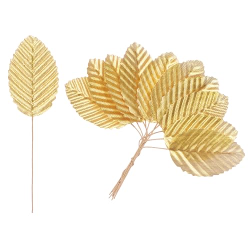 Gold Artificial Silk Leaf with Wire Stem - 20 Pack Faux Decorative Leaves