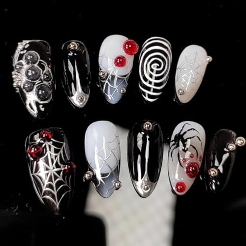 UEYRSEDB Halloween Black Press on Nails Medium Almond Gothic French Tip Fake Nails with Spider Web Design