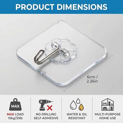 Heavy Duty Adhesive Wall Hooks - 10 Pack, 33 lbs Capacity