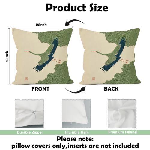Japanese Green Crane Flannel Pillow Cover 18x18, Oriental Throw Case