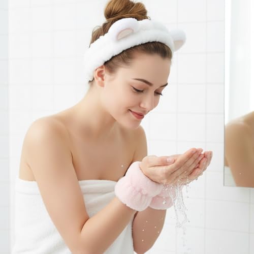 Dopenspi 3-Piece Bear Ears Spa Headband and Absorbent Wrist Towels Set