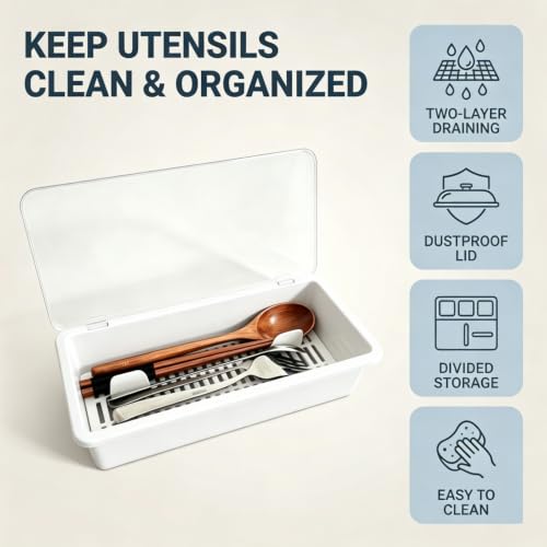 White Flatware Tray with Clear Lid and Drainer - Kitchen Organizer