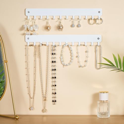 Wall-Mounted Necklace Organizer with Hooks - 2 PCS White Jewelry Holder