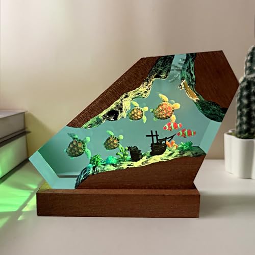 Handmade Sea Turtle Resin Ocean Lamp with Wood Base - S Variation