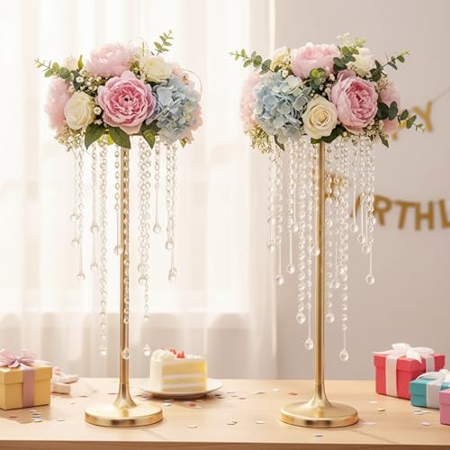 Tall Gold Vases for Table Centerpieces - 2pcs with Crystal Beads - Elegant Flower Stands, 21.7in, Gold / 2 x S