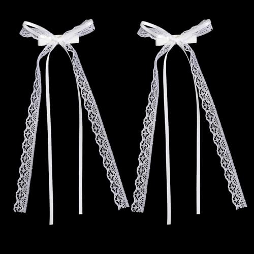 Zelphvt White Lace Hair Bows with Long Tails & Alligator Clips