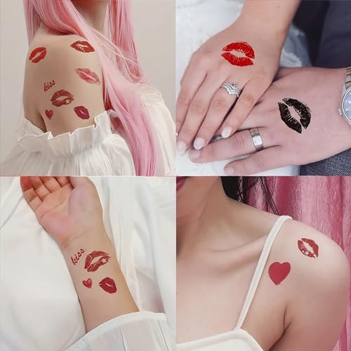 Valentines Day Temporary Tattoos - 10 Sheets Red Heart Lip Fake Tattoos