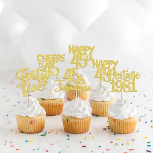 30PCS 45th Birthday Cupcake Toppers Vintage 1981 Gold Glitter Picks