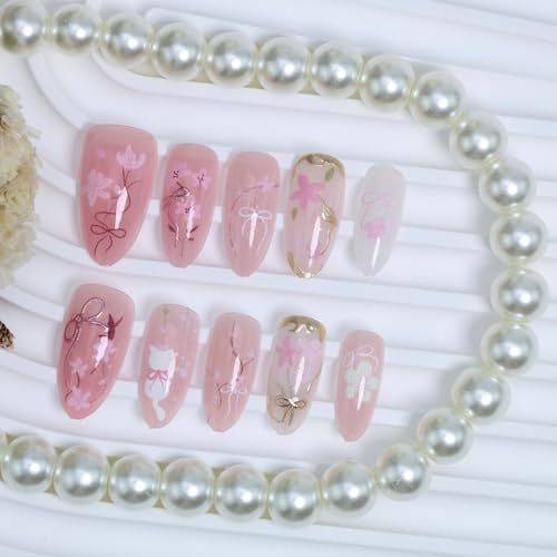 Pink Flower Press on Nails Medium Almond Cat Eye Glitter False Nails