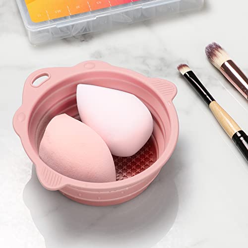 Foldable Silicone Makeup Brush Cleaner Bowl - Pink Travel Scrubber