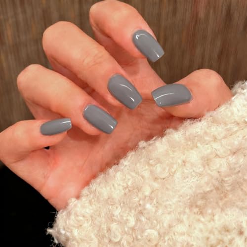 JOYVVEW Deep Gray Press On Nails Medium Square Glossy Fake Nails Set