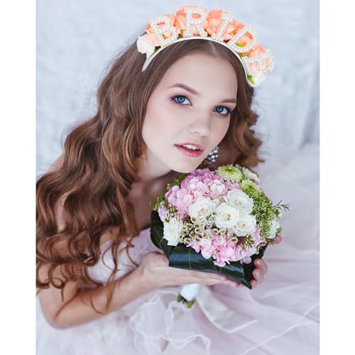 AMCAMI Bride Headband with Pearls and Pink Roses for Bachelorette Party