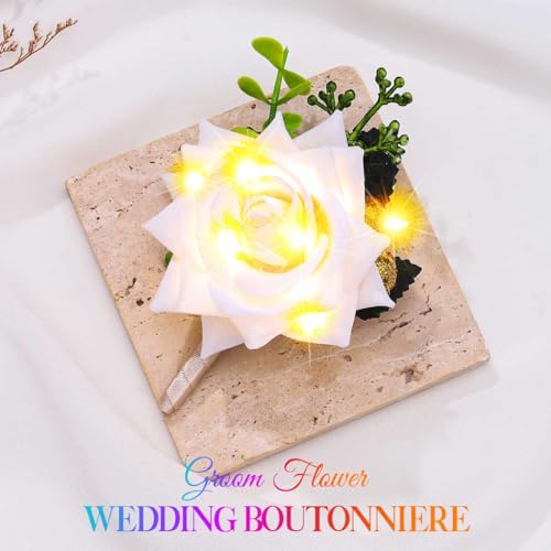 Light Up White Rose Boutonniere with LED for Groom Prom Wedding