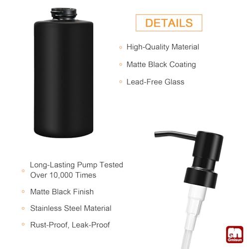 GMISUN Matte Black Soap Dispenser - 12 oz Glass with Steel Pump