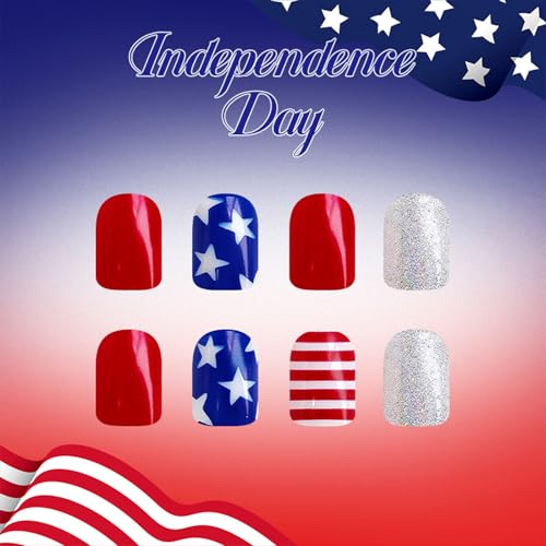 4th of July Press on Nails Short Square Silver Glitter Fake Nails