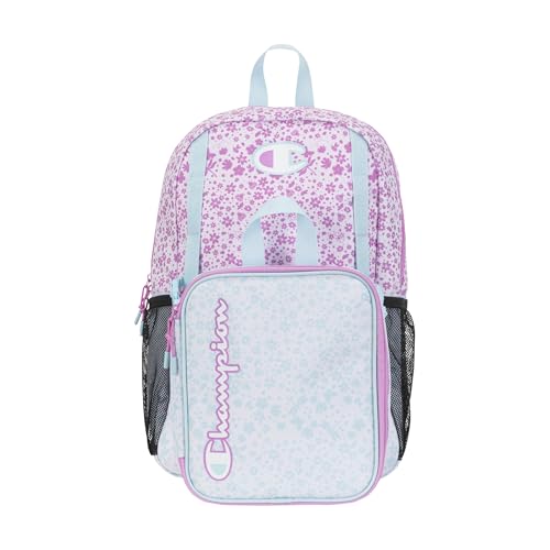 Champion Mode 2-Piece Backpack and Insulated Lunch Box Combo Set with Laptop Compartment, Padded Straps, Water Bottle Pocket, Pink/Blue, One Size
