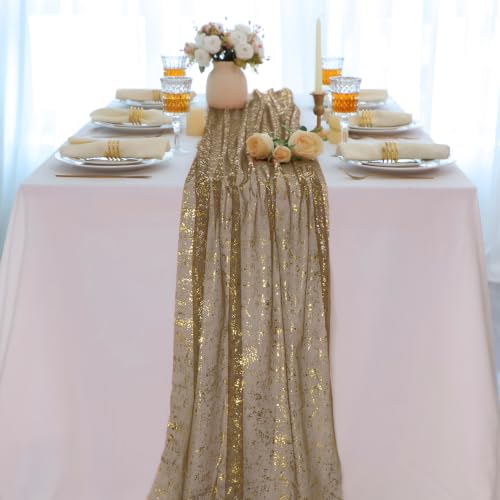 Snowkingdom 3-Piece 10Ft Gold Gauze Sheer Table Runner - Coffee Gold