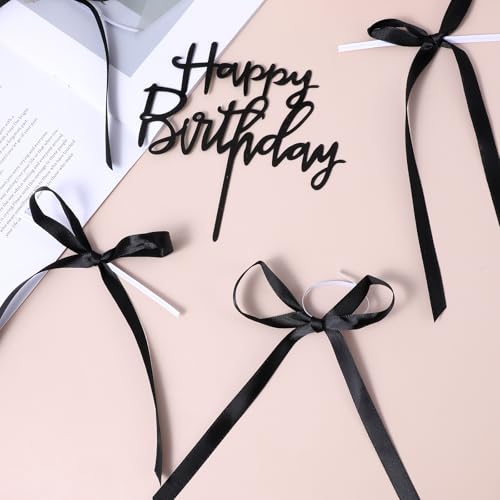 Elegant Black Bow Cake Topper Set with Happy Birthday Sign