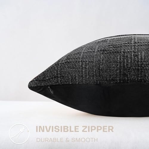 Black Chenille Throw Pillow Cover 18x18 with Faux Leather Accents