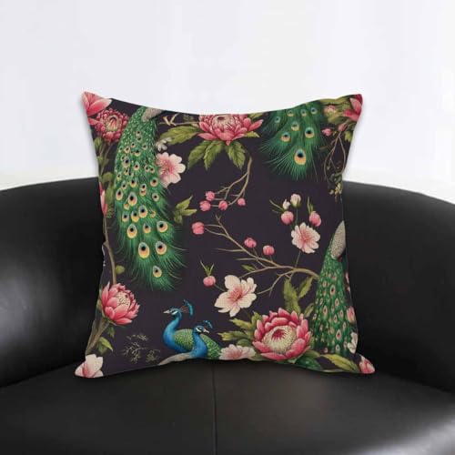 Peacock on Cherry Tree Throw Pillow Cover, 18x18 Inch Cotton Linen Cushion