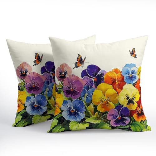 Spring Decorative Pillow Covers, 18x18 Inch Set of 2 - Pansy & Butterfly