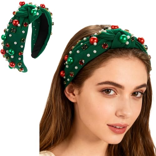 Christmas Jeweled Headband for Women Pearl Knotted Hairband