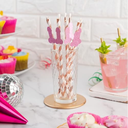 Rose Gold Straws with Pink Glitter Willy – 10 Pack for Bachelorette Parties