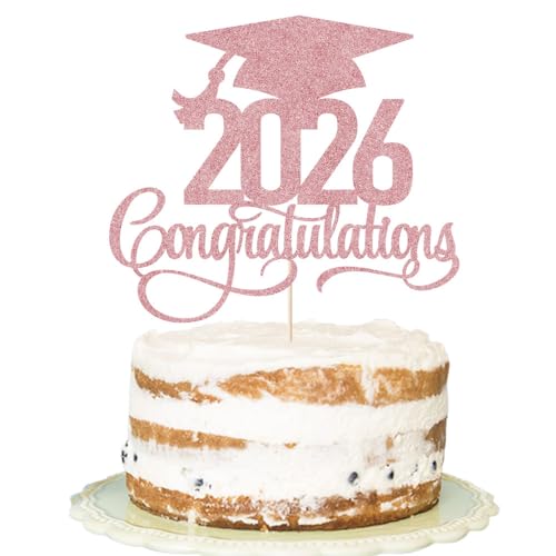 Rose Gold Glitter 2026 Graduation Cake Topper - Congrats Grad Decor