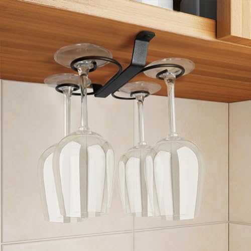GeLive 9-Inch Black Under Cabinet Wine Glass Holder with 4 Hooks