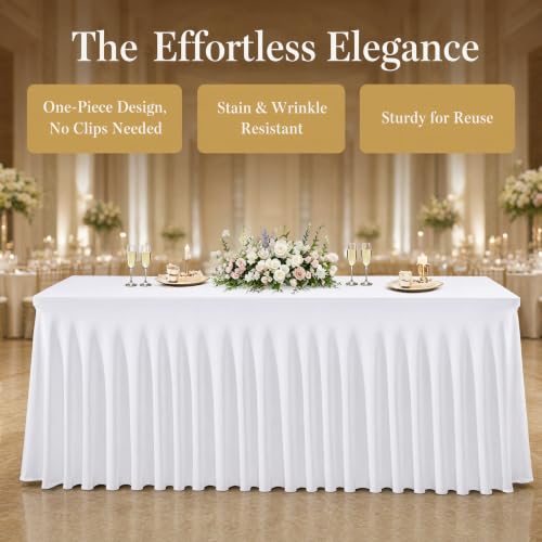 White Stretch Spandex Tablecloths 6ft Fitted with Skirt for Weddings Party Banquets