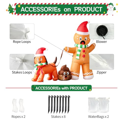 Gingerbread Man Inflatable Yard Decor - Walking Dog with Poop, Christmas LED Outdoor Xmas Holiday