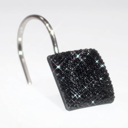 Black Crystal Shower Curtain Hooks - 12Pcs Sparkly Diamond Rings