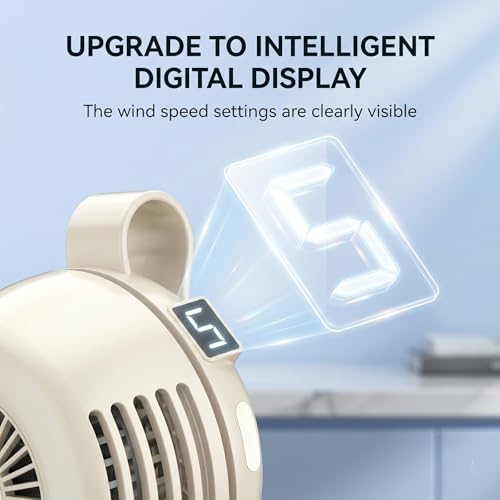 SYBOYEGE Portable Clip-On Fan, Rechargeable 5-Speed Desk Fan with Digital Display (White)
