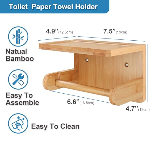 Bamboo Toilet Paper Holder with Phone Shelf - Wall Mounted Organizer