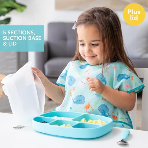 Bumkins Silicone Suction Plate for Toddlers - 5-Section Grip Dish in Blue