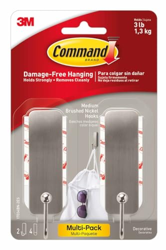 Command Medium Brushed Nickel Hooks - Damage-Free Adhesive Wall Hooks (2 Pack)