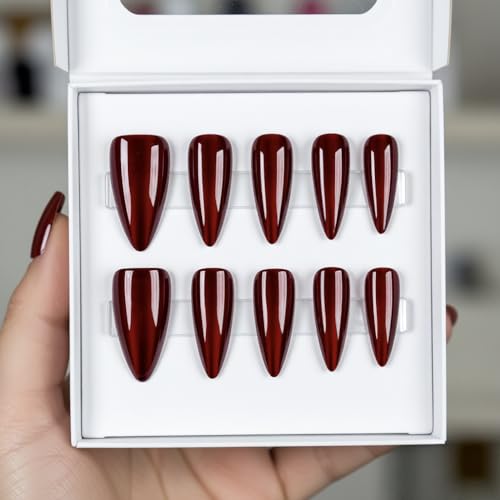 Red Cat Eye Press on Nails Medium Almond Dark Burgundy Fake Nails Kit