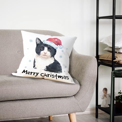 Christmas Cat Pillow Cover 18x18 - Cotton Linen Decorative Throw Pillow for Cat Lovers