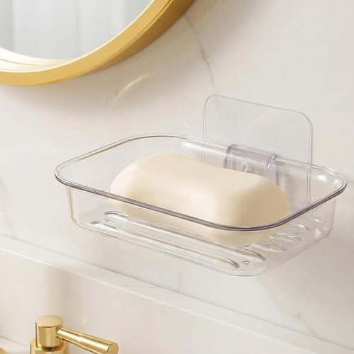 Wall-Mounted Clear Soap Dish with Self-Draining Design
