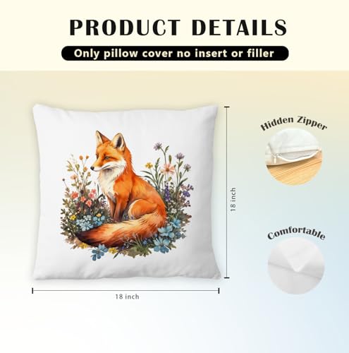JINYO Floral Fox Pillow Covers 18x18 Inches, Soft Flannel Botanical Decor