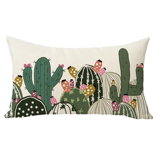 Boho Cactus Lumbar Throw Pillow Cover 12x20 | Cotton Linen