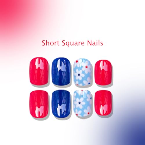 ZIFANHU Short Square Press On Nails Glossy Red Blue Floral Fake Nails