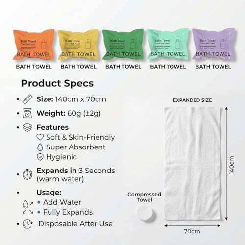 TUADAJI Disposable Compressed Bath Towels - 5 Pack, 140x70cm Travel Towels